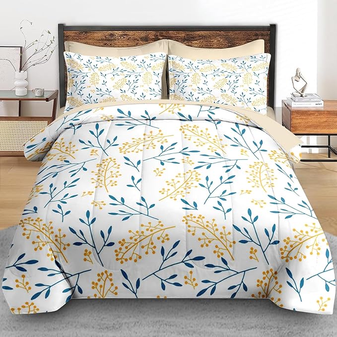 Comforter Set King Size, Floral Yellow Flower 7 Pcs Bedding for Kids and Adults, Blue Leaves Summer Bed Sheet Sets with Fitted Sheet 2 Pillowcases & 2 Shams for Bedroom Bed Decor