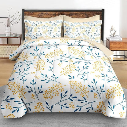 Comforter Set King Size, Floral Yellow Flower 7 Pcs Bedding for Kids and Adults, Blue Leaves Summer Bed Sheet Sets with Fitted Sheet 2 Pillowcases & 2 Shams for Bedroom Bed Decor