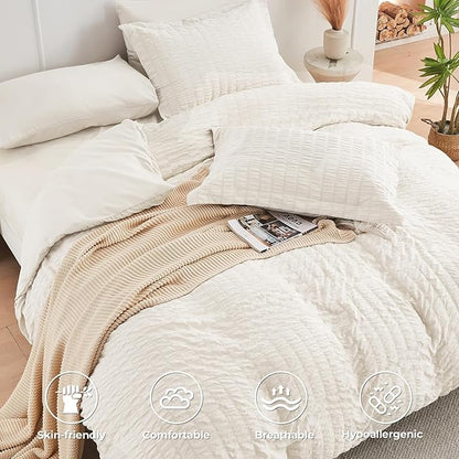 HYMOKEGE Ivory California King Comforter Set Seersucker 7 Pieces, All Season Luxury Bed in a Bag for Bedroom, Bedding Set with Comforters, Sheets, Pillowcases & Shams