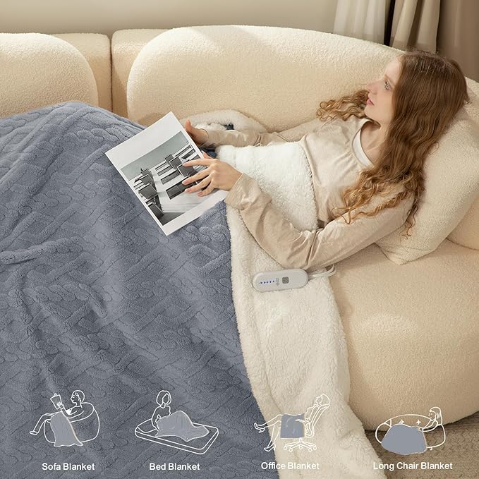 Heated Blanket Queen Size 84"X90" Blue - Soft Thick Warm Sherpa Electric Blanket for Winter with Dual Control, 5 Fast Heating Levels & 10hrs Auto Off for Women, Overheat Protection for Bed