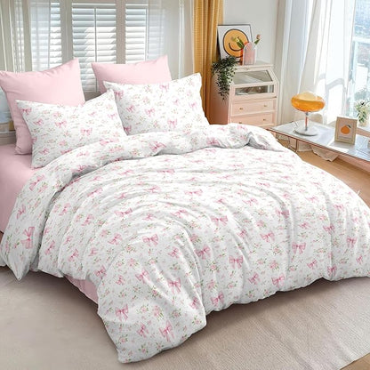 Nayoroom Pink Bow Comforter Set Queen Size White Green Leaf Floral Comforter 3 Pieces Girls Soft Lightweight Cute Coquette Bedding Set for All Seasons