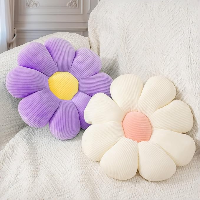 2 Pcs Purple White Flower Decorative Throw Pillows for Bed Couch Chair Sofa, 15.35" Cute Aesthetic Flower Daisy Shaped Throw Pillows for Bedroom Room Classroom Dorm Decor(White+Lavender, 15.35 Inch)