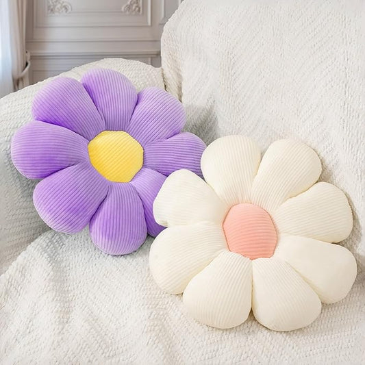 2 Pcs Purple White Flower Decorative Throw Pillows for Bed Couch Chair Sofa, 15.35" Cute Aesthetic Flower Daisy Shaped Throw Pillows for Bedroom Room Classroom Dorm Decor(White+Lavender, 15.35 Inch)