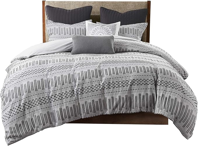 INK+IVY Rhea 100% Cotton Duvet Set Mid Century Modern Boho Design, All Season Comforter Cover Bedding Set, Matching Shams, Full/Queen, Geometric Clipped Jacquard Grey 3 Piece