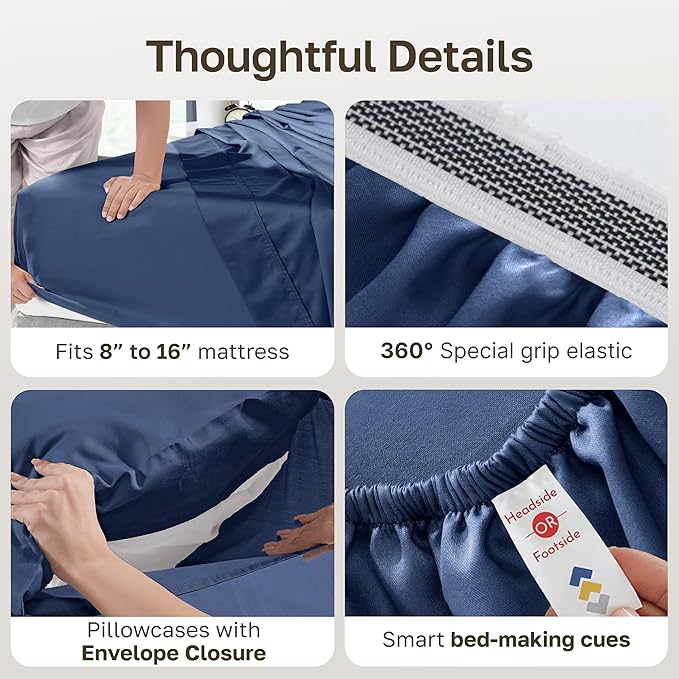 California Design Den Deep Pocket Queen Sheet Set - Certified Authentic 100% Egyptian Cotton Sheets Queen Size Sateen, Deep Pockets, Gripper Elastic, Breathable, Durable Luxury Bedding - Navy Blue