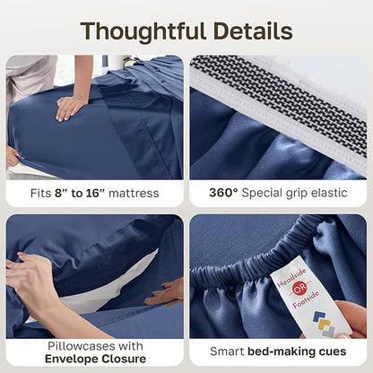 California Design Den King Size Sheets Set Deep Pockets - Certified Authentic 100% Egyptian Cotton Sheets King Size Sateen, Deep Pocket, Gripper Elastic, Breathable, Durable Luxury Bedding - Navy Blue