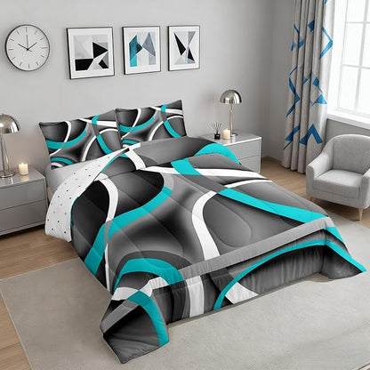 Castle Fairy Black Blue Gray Abstract Stripes Full Size Comforter Set Geometric Circle Bedding Set for Kids Adults Teens Modern Retro Comforter Luxury Geometric Quilt Set Room Decor 3Pcs