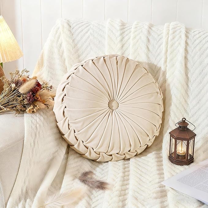 ROSE&RISY Round Pleated Hand-Stitched Velvet Throw Pillow, 1 Pcs Decorative Accent Pumpkin Pillow Cushion for Couch Sofa Chair Bed Car Home Decor (14.5 Inch, Cream)