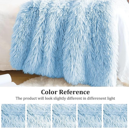 JONIYEAR Extra Large Decorative Fluffy Faux Fur Blanket Queen Size 80" x 90", Soft Luxury Lightweight Furry Blankets, Solid Cozy Shaggy Plush Thick Warm Fuzzy Blankets for Winter Bed Couch, Blue
