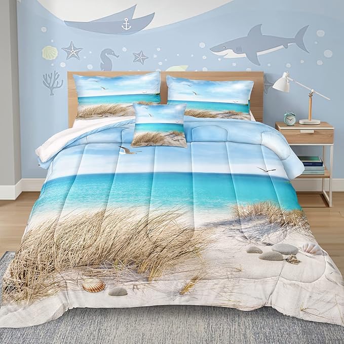 MOVE OVER Blue Ocean Comforter Set King Size Coastal Bedding Set 3 Pcs Beach Themed Comforter Set White Seagull and Seaside Rocks Seascape Ocean Bedding Sets