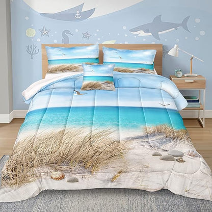 MOVE OVER Blue Ocean Comforter Set King Size Coastal Bedding Set 3 Pcs Beach Themed Comforter Set White Seagull and Seaside Rocks Seascape Ocean Bedding Sets