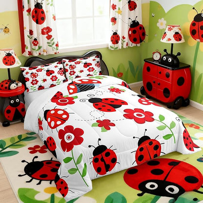 Ladybug Comforter Set for Teens Red Floral and Animal Bedding Set Cute Bug Bedding Home Decor for Kids Comforter Twin Size 2 Pcs Entomology Quilted Duvet Set 1 Comforter with 1 Pillowcase