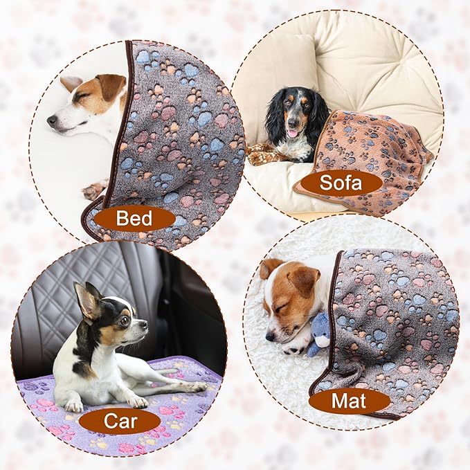 1 Pack 3 Blankets Super Soft Fluffy Premium Fleece Pet Blanket Flannel Paw Printed Throw for Dog Puppy Cat (Medium 30x20'', Dark Coffee, Brown, Purple)