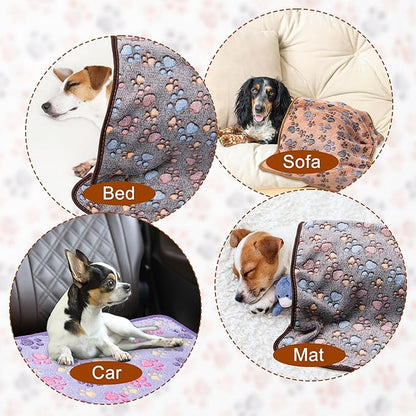 1 Pack 3 Blankets Super Soft Fluffy Premium Fleece Pet Blanket Flannel Paw Printed Throw for Dog Puppy Cat (Medium 30x20'', Dark Coffee, Brown, Purple)