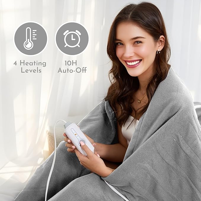Electric Heated Blanket Full Size 72"x84" - Soft Fleece Heated Blanket with 4 Heating Levels ＆ 10 Hours Auto Off, Faster ＆ Warmer - Ash Grey