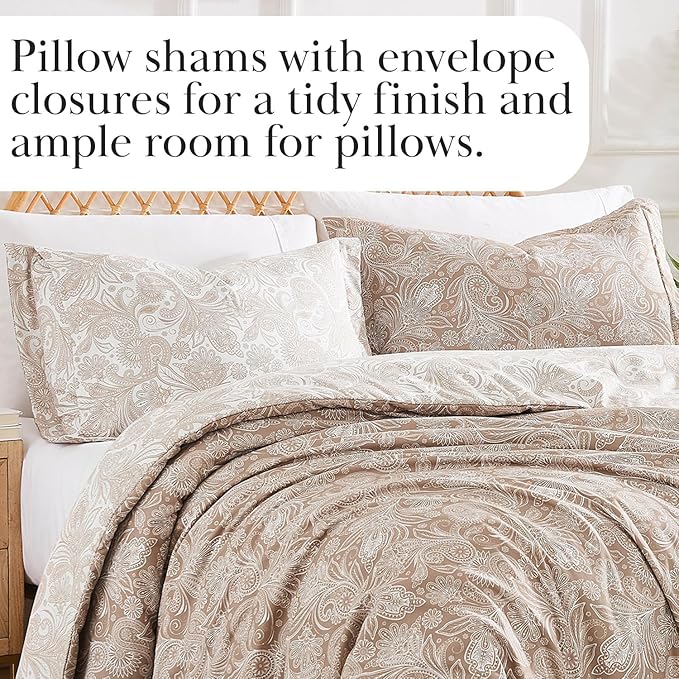 Southshore Fine Living, Inc. Full/Queen Size Comforter Set, Down Alternative Paisley Bedspread, Reversible Print is 2 Colors in 1, Queen/Full Comforter & Matching Shams, Taupe/White