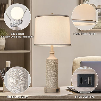 AIDENOEY 27.5" H 3-Way Dimmable Touch Control Table Lamp with USB A+C Ports, Vintage Washed White Finish Resin Bedside Farmhouse Table Lamp Set of 2，for Living Room，Bedroom，Office