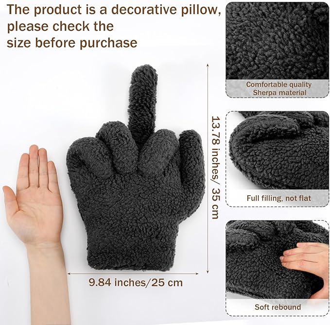 Menkxi Small Middle Finger Decorative Pillow 13.78 x 9.84 in Funny Shaped Sherpa Fleece Throw Pillow Warm Soft Emoticon Cushion Middle Finger Decor for Couch Gag Gift(Black)