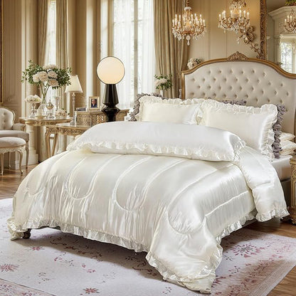 Satin King Comforter Silk Like Bedding 4 Pcs Hotel Soft Polyester White Bed Set Luxury Silky Body Pillow Cover Ruffle Home Decor