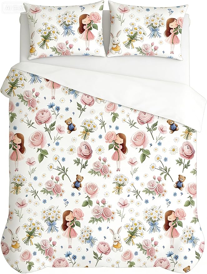 Girls Priness Botanical Comforter Set Full Size, 3Pcs Pink Rose Bedding for Kids Kawaii Bedroom Decor, Cute Priness Girly Rabbit Bear Comforter Set with 2 Pillowcases, 79"x90"
