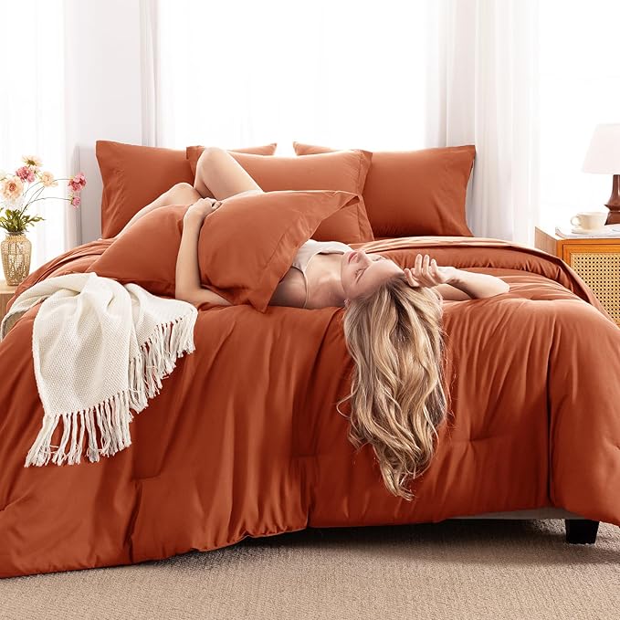 CozyLux Full Comforter Set Burnt Orange, 7 Pieces Bed in a Bag Terracotta Comforter Set with Sheets, All Season Boho7PC Bed Sets with Comforter, Fitted Sheet, Flat Sheet, Pillow Shams and Pillowcases
