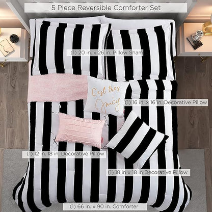 Juicy Couture – Comforter Set, Cabana Stripe Design, Twin Bedding, 5 Piece Set Includes 1 Comforter, 1 Sham and 3 Decorative Pillows, 100% Microfiber Polyester, Wrinkle Resistant