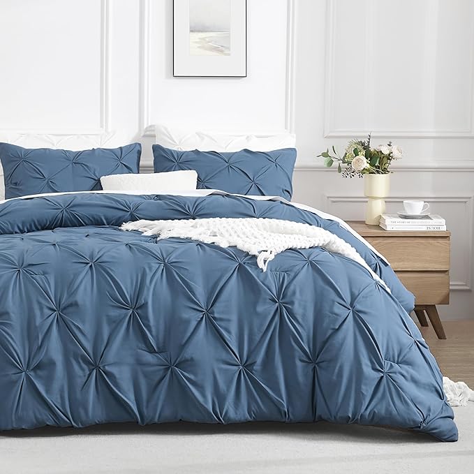 Andency Ocean Blue Pinch Pleat Comforter Full(79x90Inch), 3 Pieces(1 Down Alternative Comforter and 2 Pillowcases) Ocean Blue Bed Set Microfiber Pintuck Bedding Set