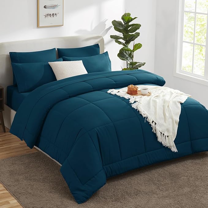 CozyLux King Size Comforter Set Lyons Blue, 7 Pieces Bed in a Bag, Blue Comforter King Size, All Season Bedding Sets with Stitch Quilted Comforter, Flat Sheet, Fitted Sheet, Pillowcases