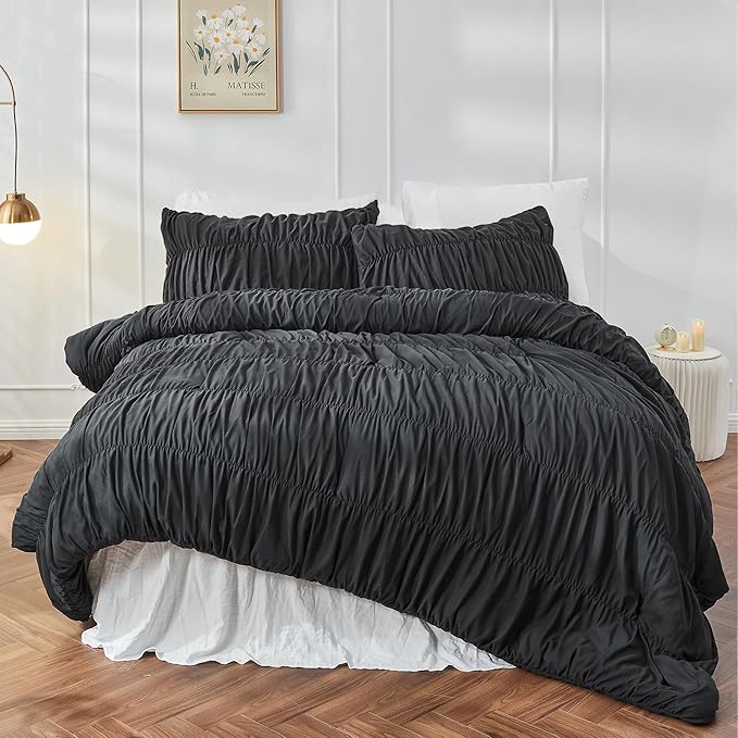 Oversized King Size Comforter Set Bedding - Ruched Black Comforter King Bed Set Boho Shabby Chic Bedding for Bedroom Comforter Fluffy 3 Piece Ruffle Comforter Set with Pillow Bedding Soft and Luxury