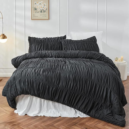 Oversized King Size Comforter Set Bedding - Ruched Black Comforter King Bed Set Boho Shabby Chic Bedding for Bedroom Comforter Fluffy 3 Piece Ruffle Comforter Set with Pillow Bedding Soft and Luxury
