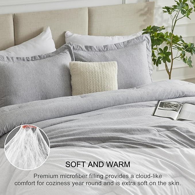 CozyLux Oversized Queen Comforter Set, 3 Pieces 98x98 Light Grey Soft Luxury Cationic Dyeing Bedding All Season, Light Gray Breathable Fluffy Bed Sets with 1 Alternative Comforter and 2 Pillow Shams
