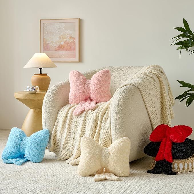 Bow Pillow, Decorative Bow Pillows with Soft Plush for Couch Bed, Bow Shaped Throw Pillow Room Decor for Bedroom, Bow Decorative Pillow for Living Room (Black, Large-16 Inches)