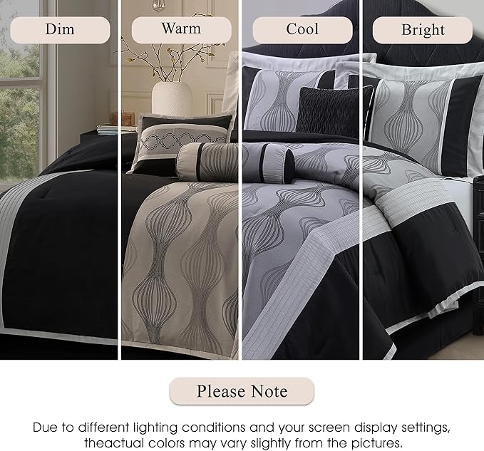 Stratford Park Black and Silver Comforter Set California King Size,Elegant 7 Pieces Striped All Season Bedding Set