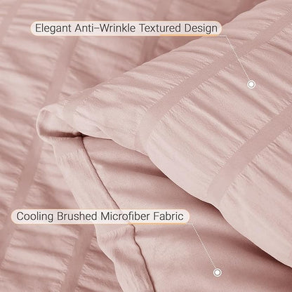 MUXHOMO 7 Pieces King Comforter Set, Seersucker Bed in a Bag King Size, All Season Luxury Bedding Set with Comforter, Flat Sheet, Fitted Sheet, Pillowcases & Shams, Rose Gold