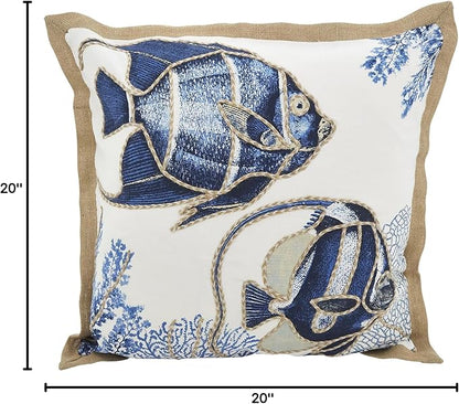 SARO LIFESTYLE Neptunian Coastal Throw Pillow – 20” x 20”, Woven Cotton Cover with Jute Trim, Zipper Closure, Down & Feather Insert – Fish, Navy Blue