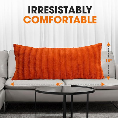 Cheer Collection Faux Fur Long Body Pillow - Accent Throw Pillow for Bed and Couch - Decorative Lumbar Pillow with Insert, Rust Orange (18" x 40")