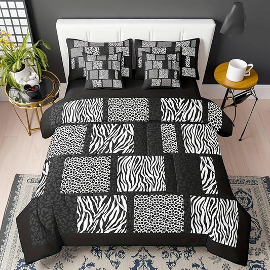 Wildlife Animal Fur Print Comforter Set 7 Pcs,Leopard Cheetah Zebra Skin Comforter Blanket Full,3D Geometric Morden Bedding Sets with Comforter,Flat Sheet,Fitted Sheet,Pillowcases and Pillow Covers