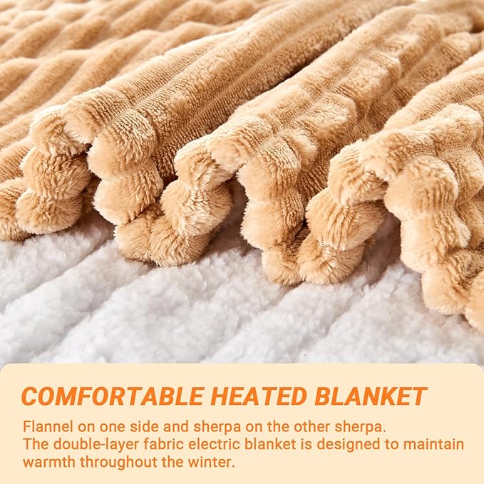 Heated Blanket Electric Throw, Soft Flannel Heating Blanket with 8 Hours Auto Off 10 Fast Heating Levels Machine Washable Sherpa Heated Blanket with Overheating Protection