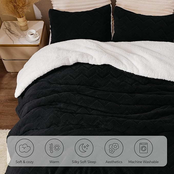 BEDELITE Fluffy Full Size Comforter Set - Super Soft Sherpa Black Comforter for Full Size Bed, Luxury Warm Bedding Set for Winter, Fuzzy Bed Set 3 Pieces (1 Comforter, 2 Pillowcases)