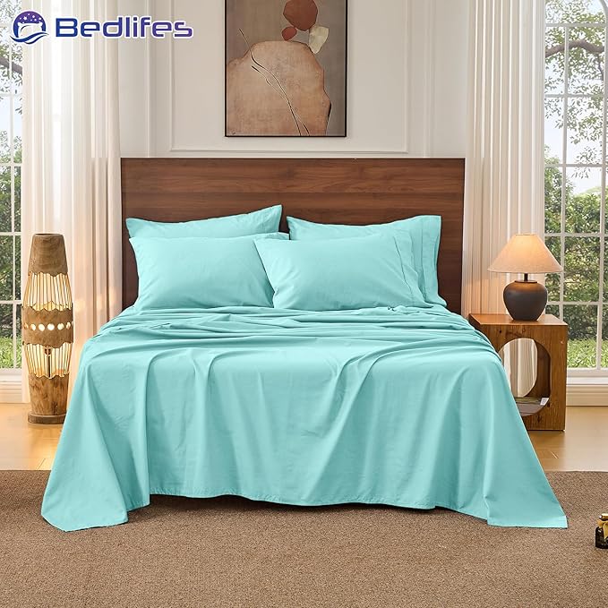 Bedlifes 100% French Pure Linen Sheets California King Size Breathable and Cooling Flax Sheet Set Soft Durable and Moisture Wicking 16 Inch Deep Pocket-4 Piece(Cal King,Teal)