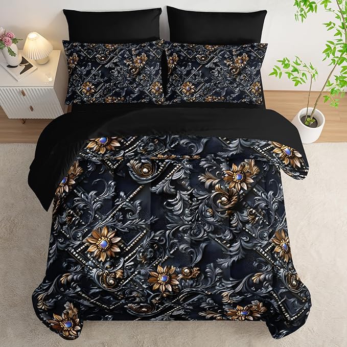 7 Piece Black and Gold Baroque Comforter Set Queen，Baroque Queen Bedding，(1 Comforter, 1 Flat Sheet, 1 Fitted Sheet, 2 Pillowcase and 2 Pillow Sham)，Baroque Gothic Bedroom Decor