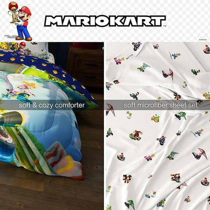 Super Mario Kart Game Kids Bedding Set, Full Size, 5-Piece Super Soft Cozy Reversible Comforter & Sheet Set (Officially Licensed Product) by Franco | Durable, Reversible, Officially Licensed