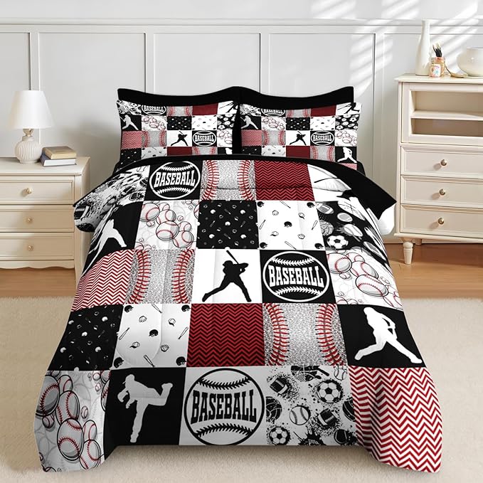 Nesker 5 Pcs Comforter Set Twin Size, Baseball Softball Sports Boys Bedding Set for Kids and Adults, Red Black Gray Patchwork Checked Bed Sheet Sets with Fitted Sheet Pillowcases & Shams