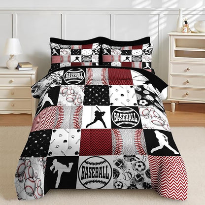 Nesker 5 Pcs Comforter Set Twin Size, Baseball Softball Sports Boys Bedding Set for Kids and Adults, Red Black Gray Patchwork Checked Bed Sheet Sets with Fitted Sheet Pillowcases & Shams