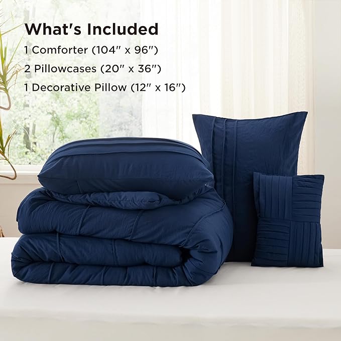 Bedsure Navy Blue California King Comforter Set - 4 Pieces Pinch Pleated Bed Set, Down Alternative Bedding Sets for All Season, Includes 1 Comforter, 2 Pillowcases, and 1 Decorative Pillow