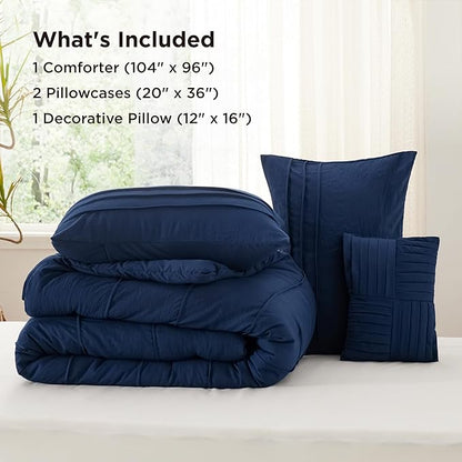 Bedsure Navy Blue California King Comforter Set - 4 Pieces Pinch Pleated Bed Set, Down Alternative Bedding Sets for All Season, Includes 1 Comforter, 2 Pillowcases, and 1 Decorative Pillow