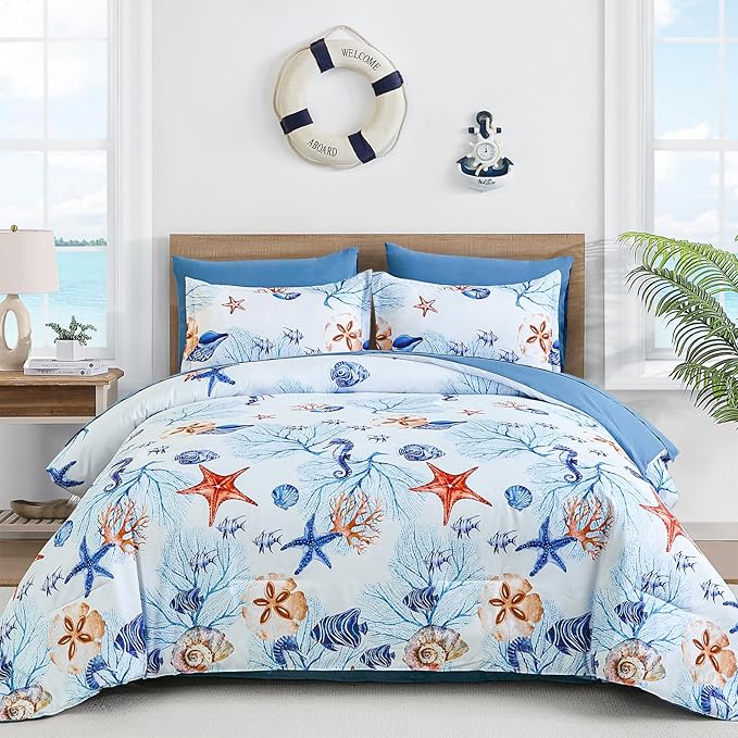 WONGS BEDDING Coastal Queen Comforter Set, 7 Pieces Beach Themed Ocean Sand Dollor & Starfish Pattern Bed in a Bag, Summer Bed Comforter Bedding Set(104"×90")