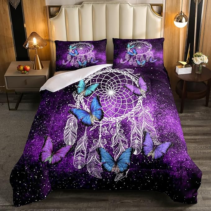 Butterfly Dream Catcher Comforter Set for Kids Teens Girls,Mandala Feather Bedding Down Comforter King Size,Bohemian Duvet Insert,Galaxy Theme Luxury Microfiber Quilt for Girly Woman,Purple