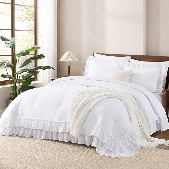Andency White Comforter Set Queen Size, Lightweight Fluffy Farmhouse White Ruffle Bedding Set, Soft Microfiber All Season Shabby Chic Bed Comforter Set 3 Pieces(1 Ruffle Comforter 2 Pillowcases)