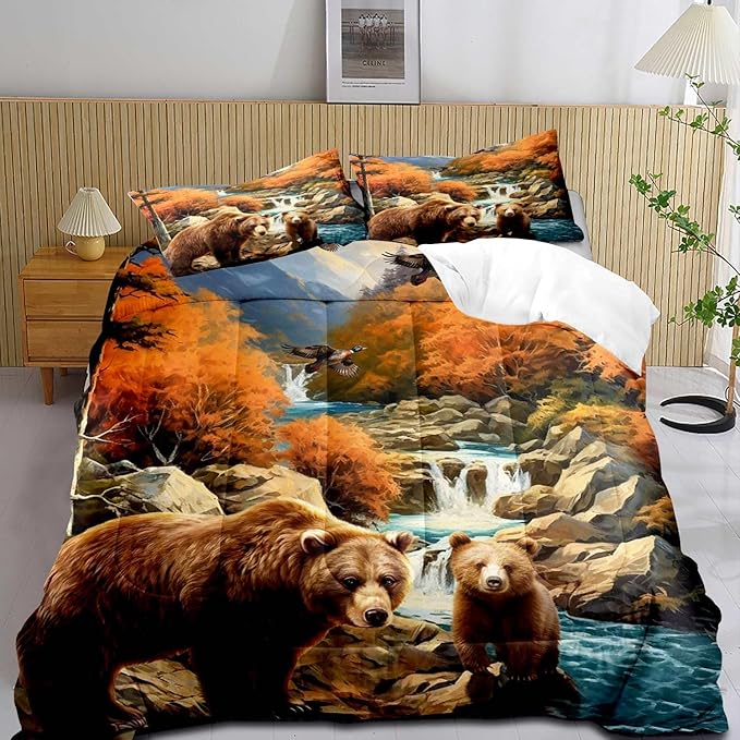 LUVIVIHOME 3PCS Bear Comforter Set Full Size, Mallard Duck Mountain Autumn Forest Woodland Animal Wildlife Country Lodge Rustic Farmhouse Cabin Bedding Sets for Kids Boys Girls, 2 Pillow Shams